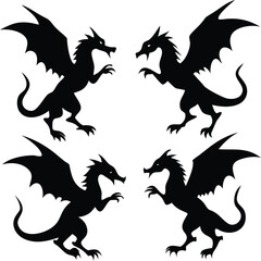  Dragon silhouette vector icon set. Great for fantasy book covers, mythical logos, or role-playing game graphics.