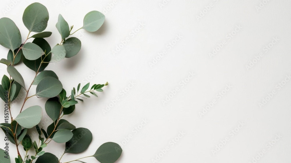 Fototapete flat lay of a branch of eucalyptus leaves on a white background. the leaves are arranged in a way th