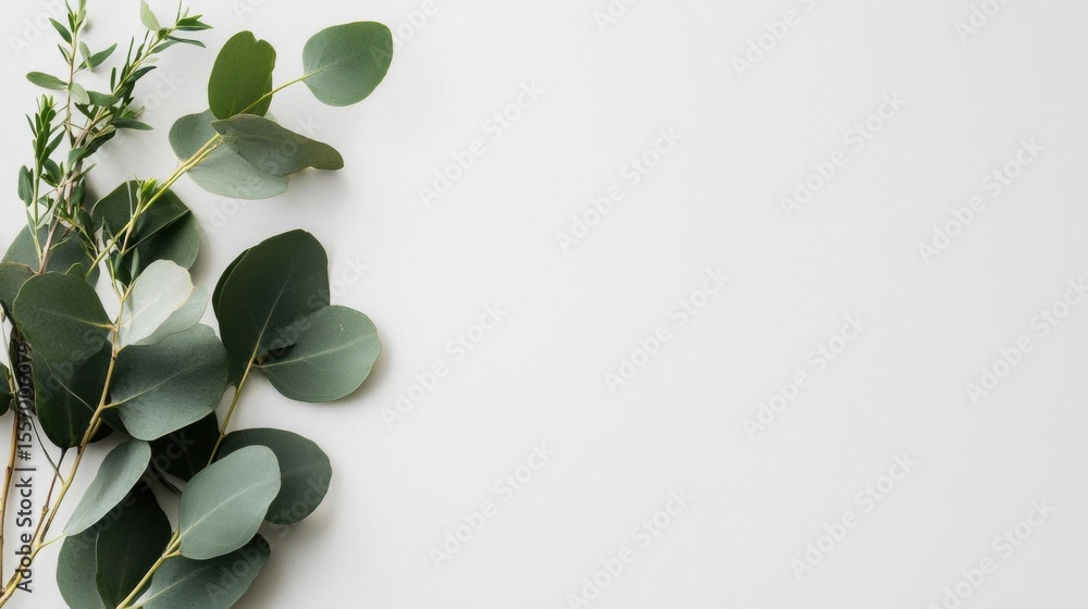 Fototapete flat lay of a branch of eucalyptus leaves on a white background. the leaves are arranged in a way th