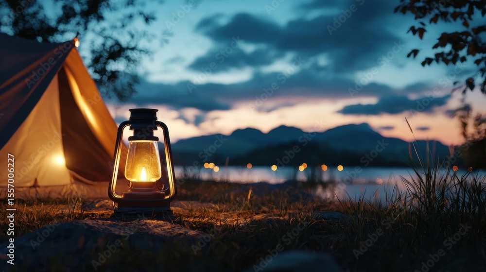 Poster camping scene with a tent on the left side and a lantern on the right side. the tent is set up on a 