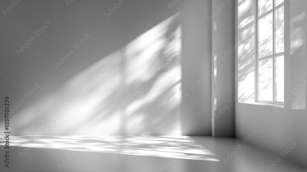Poster a serene, minimalistic interior with sunlight streaming through a window, creating soft shadows on t