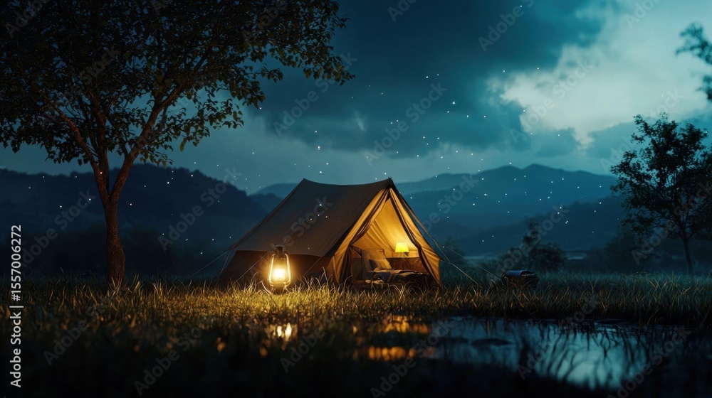 Poster camping tent set up in a field at night. the tent is a large, triangular-shaped tent with a pointed 