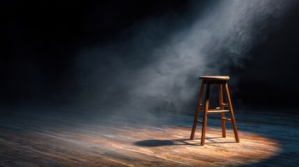 A rustic wooden stool illuminated by soft light in a misty atmosphere, perfect for artistic and dramatic settings.