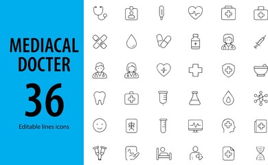 Medical Doctor Line Icons, Stethoscope, Hospital, Doctor Avatar, Medical Report, Injection, Thermometer, Prescription, and More , Editable Formats: AI, EPS, JPG, PNG , Ideal for Both Digital and Print
