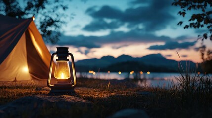 Camping scene with a tent on the left side and a lantern on the right side. the tent is set up on a grassy field with a lake in the background.