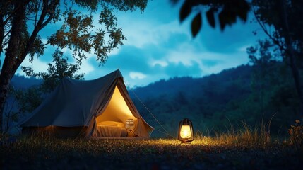 Tent set up in a field at night. the tent is a large, dark blue tarpaulin with a pointed roof and is set up on a grassy field with tall grass and trees in the background.