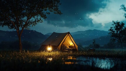 Camping tent set up in a field at night. the tent is a large, triangular-shaped tent with a pointed roof and is set up on the grassy bank of a small pond.