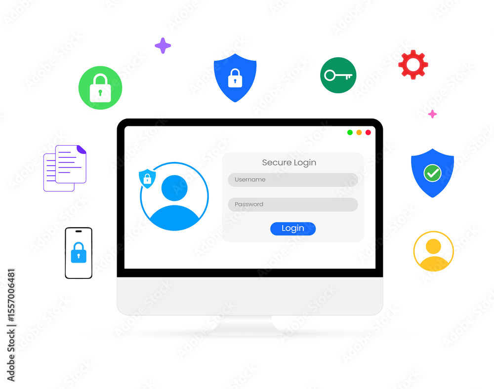 Poster secure login on the computer screen with floating infographics around it, design. protection, access