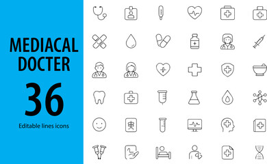 Medical Doctor Line Icons, Stethoscope, Hospital, Doctor Avatar, Medical Report, Injection, Thermometer, Prescription, and More , Editable Formats: AI, EPS, JPG, PNG , Ideal for Both Digital and Print