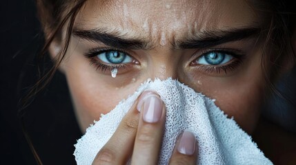 Close-up of a young woman's face, with her eyes closed and tears streaming down her cheeks. she is holding a white cloth napkin in front of her face and appears to be wiping her nose with it.