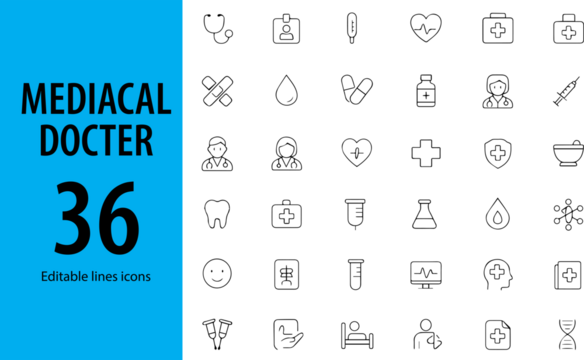 Medical Doctor Line Icons, Stethoscope, Hospital, Doctor Avatar, Medical Report, Injection, Thermometer, Prescription, and More , Editable Formats: AI, EPS, JPG, PNG , Ideal for Both Digital and Print