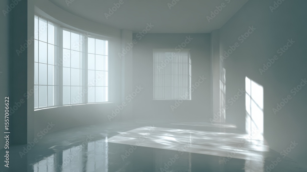 Poster a serene and modern empty room with foggy light streaming through large windows, creating a tranquil