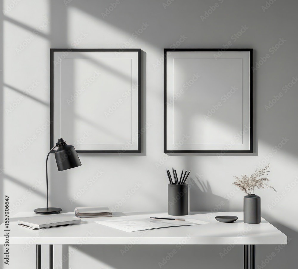 Poster minimalist workspace with empty picture frames, desk lamp, and decorative elements in soft natural l