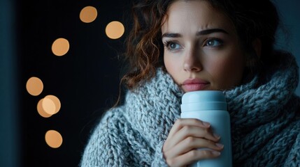 Close-up portrait of a young woman with curly hair. she is wearing a gray knitted scarf around her neck and is holding a white thermos in her hand.