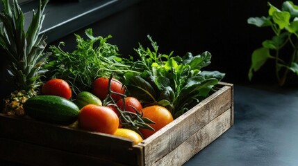 Wooden crate filled with fresh fruits and vegetables. the crate is placed on a dark grey countertop with a window in the background.