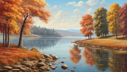 Golden Leaves Reflect In Quiet Lake