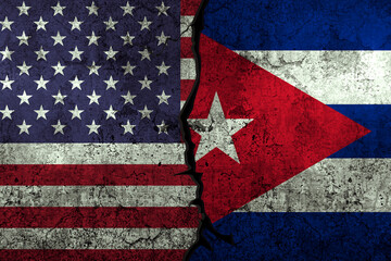 USA vs Cuba conflict concept background with both flags painted on the wall