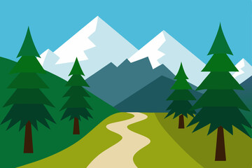 Fototapeta premium Snowy winter forest landscape with pine trees and a winding road, perfect for a holiday greeting card design