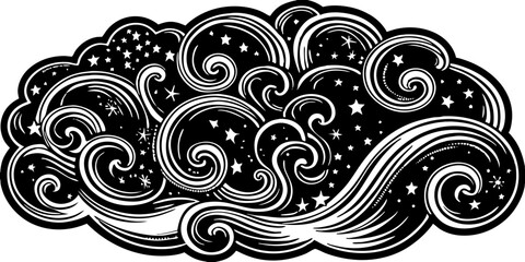 Stylized cloudscape filled with stars and swirls in a black and white graphic illustration style
