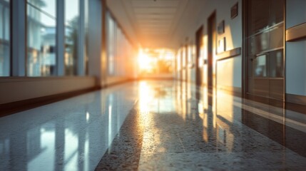 Fototapeta premium A serene corridor illuminated by warm sunlight, featuring polished floors and modern design elements.