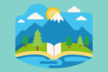 Snowy winter landscape vector illustration with mountains, green trees, and blue sky