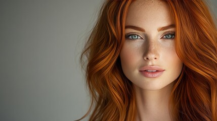 Fototapeta premium Close-up Portrait of a Beautiful Woman with Long Red Hair and Striking Blue Eyes in a Soft Light Background