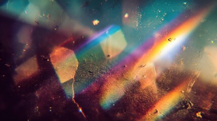Vibrant rainbow prism effects intersect with vintage film grain, scattered dust, and scratch textures for a dreamy, old-school lens flare.