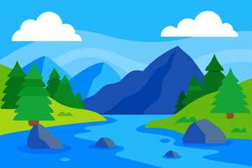 Fototapeta premium Mountain landscape with trees under a summer sky, illustrating the natural beauty of hills and clouds by the river