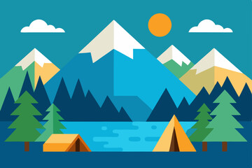 A serene vector illustration of a winter mountain landscape with snow-covered trees under a clear sky