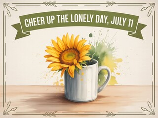 A bright sunflower in a white mug celebrating cheer up the lonely day on july eleventh