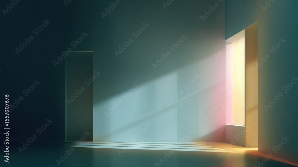 Poster a serene interior space illuminated by colorful light streaming through a window, creating an inviti