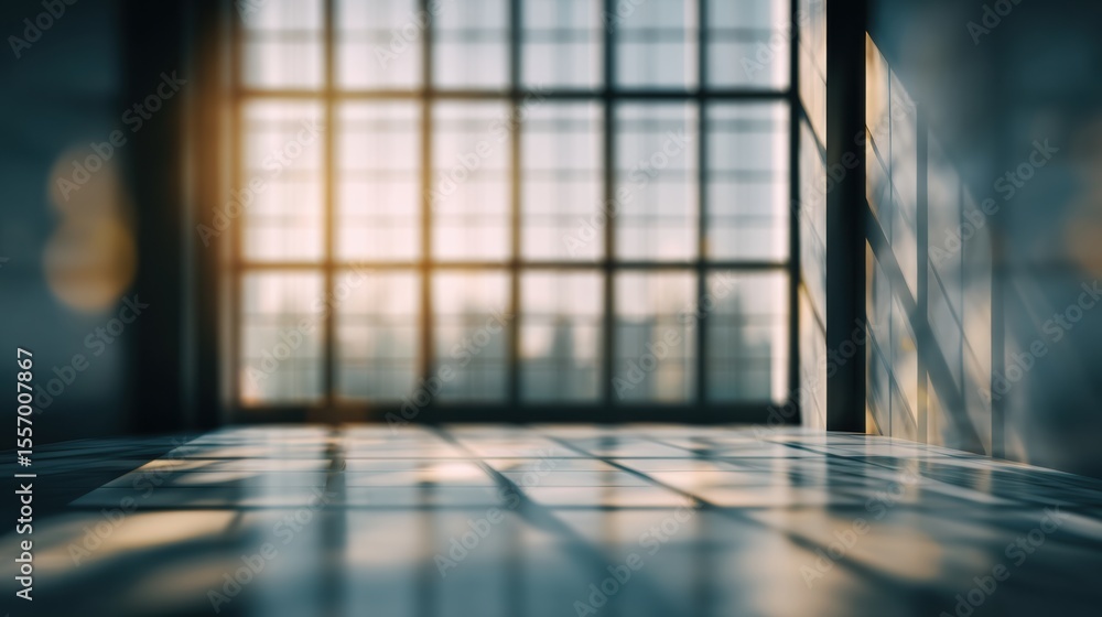 Poster a serene interior with sunlight streaming through a large window, creating soft shadows on the floor