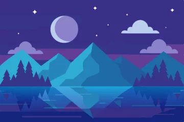 Fotobehang Starry winter night mountain landscape with snow and dark blue sky © sushanto