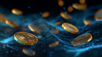 Futuristic cryptocurrency digital coins floating blockchain network holographic display neon blue gold cyberpunk financial data visualization concept