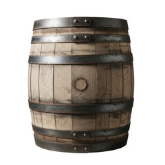 Obraz premium A rustic wooden barrel with metal bands, typically used for aging wine, whiskey, or other spirits. It evokes a sense of tradition and craftsmanship.