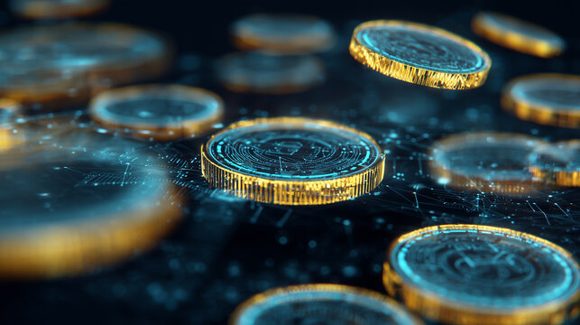 Futuristic cryptocurrency digital coins floating blockchain network holographic display neon blue gold cyberpunk financial data visualization concept - Powered by Adobe