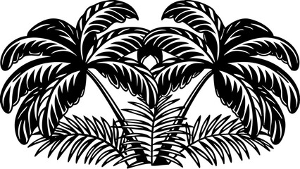 Illustration of symmetrical palm trees with detailed leaves in a black and white tropical design art