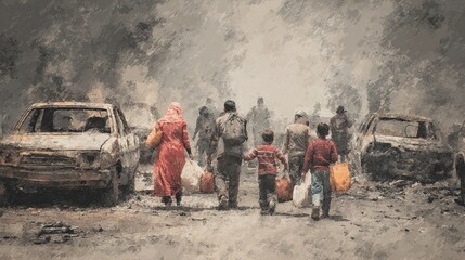 Civilians Fleeing War Amidst Destruction; Smoke-Filled Streets, Damaged Cars in Conflict Zone