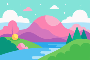 Fototapeta premium Vector cartoon landscape with green summer mountains, blue sky, and white clouds