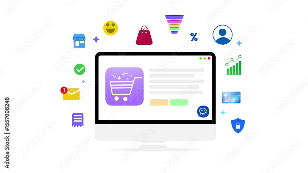 Poster e-commerce sales and business concept on the computer screen close up 4k animation with floating inf