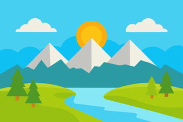 Obraz premium Serene Mountain Landscape Majestic Peaks, River, and Sunny Sky