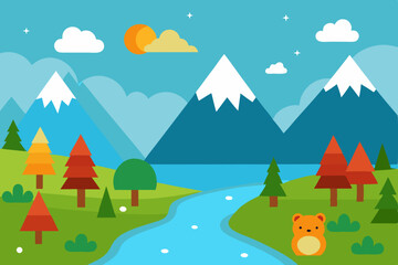 Obraz premium Serene Mountain Landscape Illustration Bear, River, and Majestic Peaks