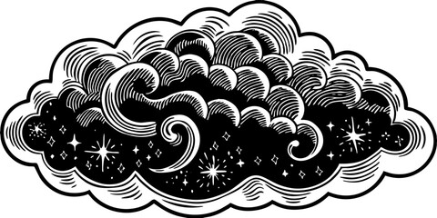 Illustration of a stylized cloud filled with stars and swirling patterns in black and white style