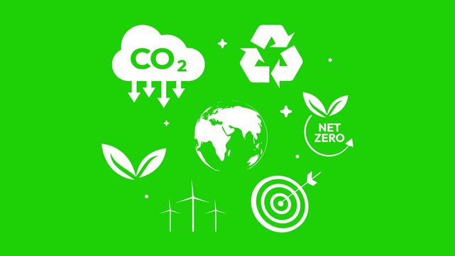 Eco-Friendly infographics floating with co2 cloud, globe, recycle and shapes 4k animation. Target, green energy, keying.