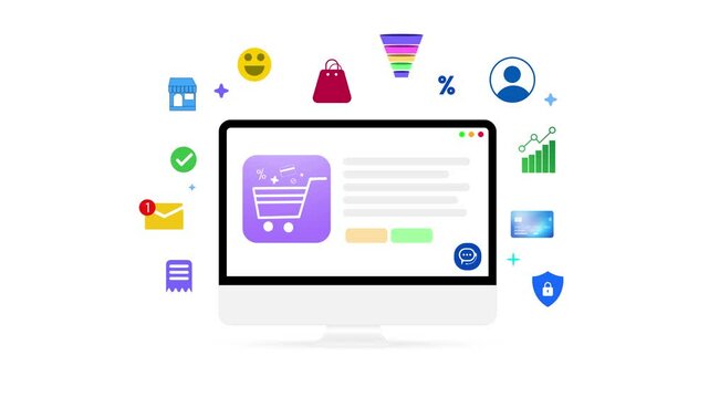 E-commerce sales and business concept on the computer screen close up 4k animation with floating infographics. Cart, business, user, sales, funnel, conversions