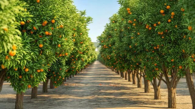 Explore a serene citrus grove with rows of orange trees, a vibrant orchard landscape with lush foliage and ripe fruit, under a clear blue sky.