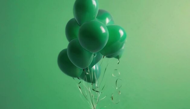 Floating bunch of vibrant green balloons against a complementary green background, perfect for celebrations and parties.