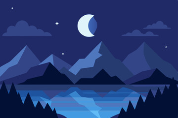 Obraz premium Serene Nightscape Moonlit Mountains and Tranquil Lake