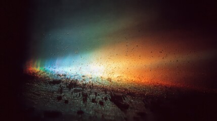 Fototapeta premium Surreal rainbow crystal glow overlay with grainy film dust and scratches, fading into a dark vignette background for dramatic contrast.