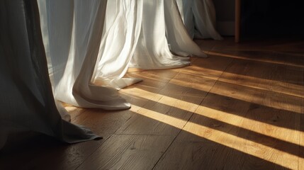 A serene view of soft curtains flowing gently with sunlight casting shadows on wooden floors.